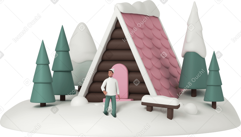 3D man standing in front of tiny house PNG, SVG