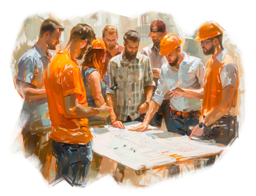 Pintura a óleo de um grupo de engenheiros discutindo um projeto PNG, SVG