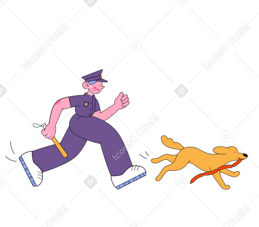 Policeman chases dog with sausages Illustration in PNG, SVG