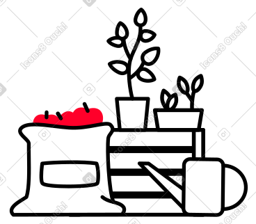 Apple harvest in a bag, potted plants on a box and a watering can PNG, SVG