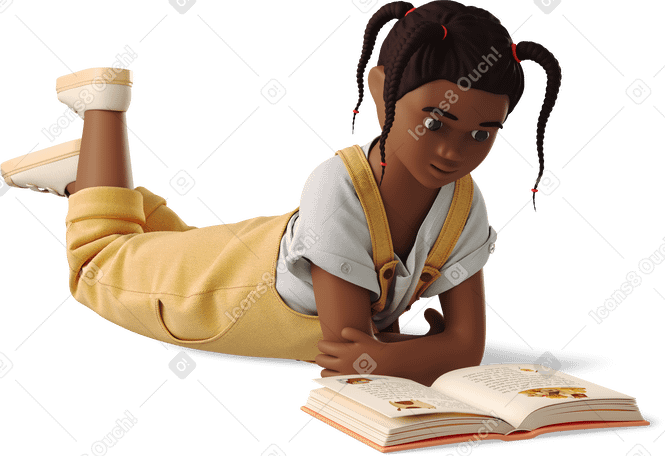 3D little girl lying with a book PNG, SVG