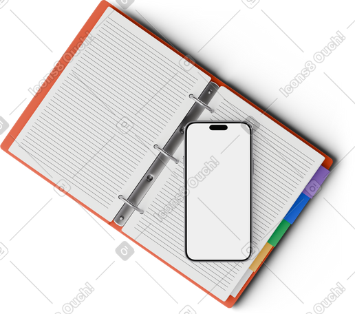 3D top view of smartphone on binder PNG, SVG