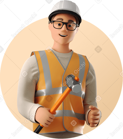 3D Мужчина-строитель с кувалдой в PNG, SVG