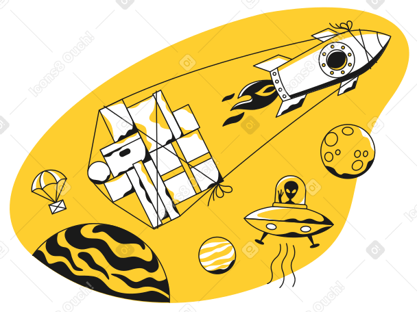 Ilustración animada de Cohete que entrega paquetes a extraterrestres en el espacio en GIF, Lottie (JSON), AE
