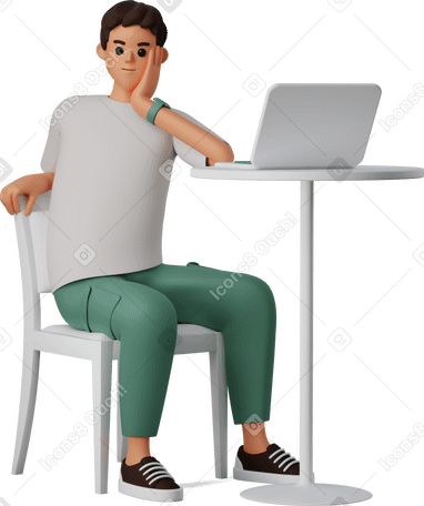 3D man sitting at the desk with chin on hand PNG, SVG