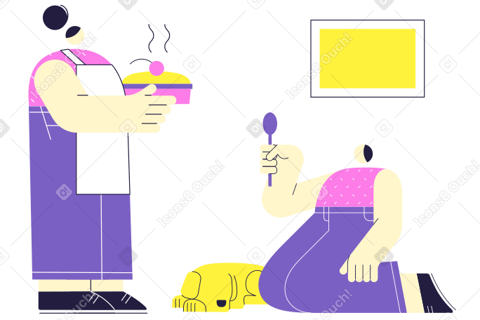 Son on knees waiting for food brought by mom Illustration in PNG, SVG