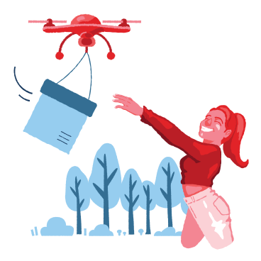 Mujer recibiendo un paquete entregado por un dron PNG, SVG