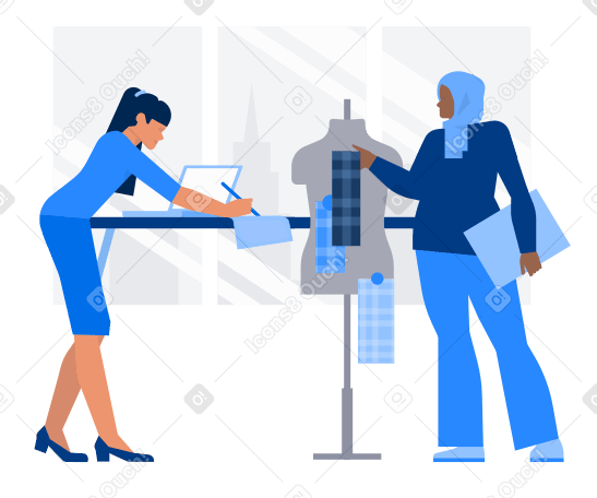 Women choosing fabrics for a clothing collection PNG, SVG