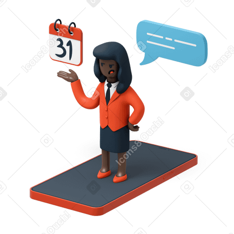 3D Black business woman standing on the phone and showing deadline reminder PNG, SVG