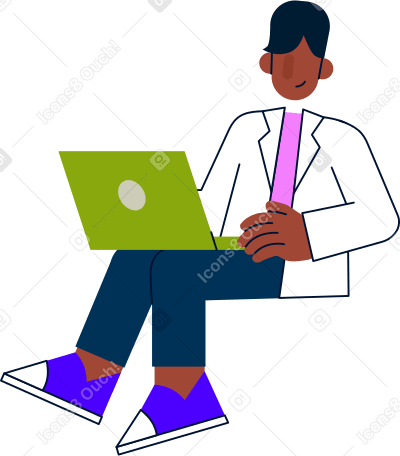 Ученый-мужчина, работающий на ноутбуке в PNG, SVG