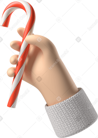 3D Pale skin hand holding a Christmas candy cane PNG, SVG