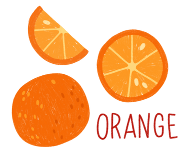 Naranja, media naranja, rodaja de naranja y letras. PNG, SVG