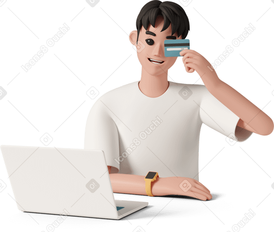 3D cheerful man holding credit card PNG, SVG