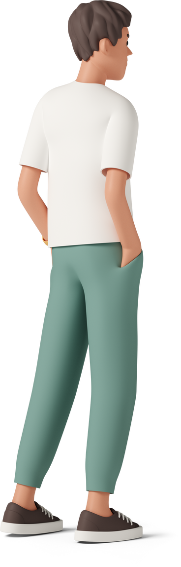 Three quarter of young man in green pants and white shirt PNG, SVG