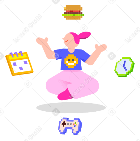 Woman achieving work-life balance animated illustration in GIF, Lottie (JSON), AE