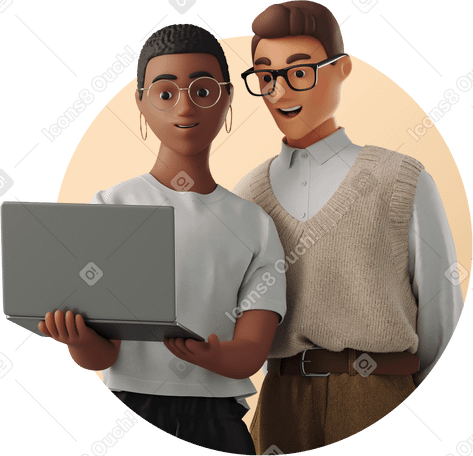 3D young man and woman looking at laptop together PNG, SVG