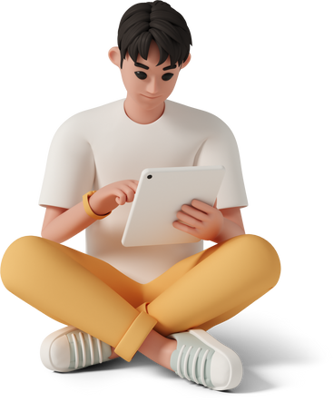 man working on tablet and sitting on floor PNG, SVG