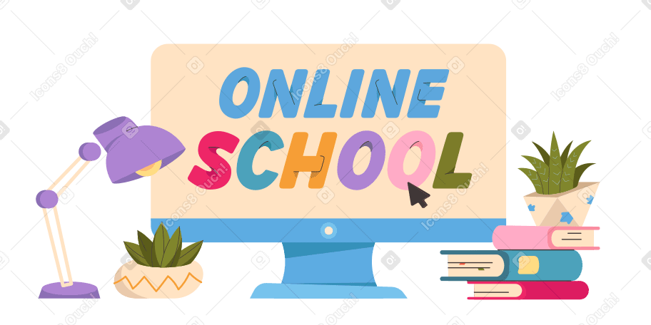 Online school text and lamp, books and succulents next to the computer PNG, SVG