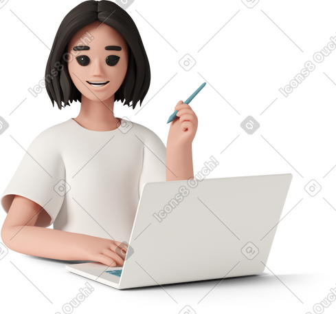 3D young smiling woman working at laptop PNG, SVG