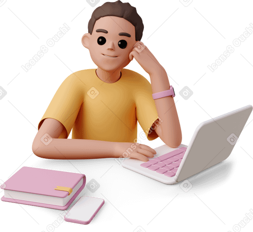 3D young woman working on laptop and holding head PNG, SVG