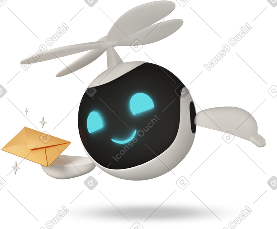 3D flying delivery robot holding envelope PNG, SVG