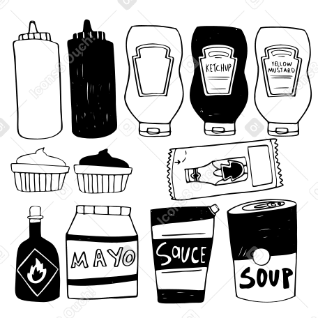 Diferentes botellas de salsas y condimentos. PNG, SVG