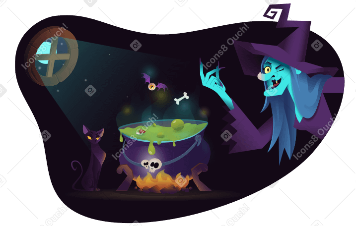 Witch doing magic around the cauldron PNG, SVG