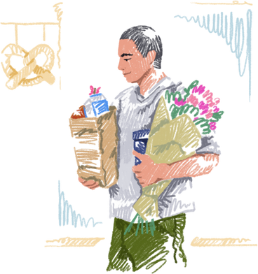 Young man buying groceries and flowers в PNG, SVG