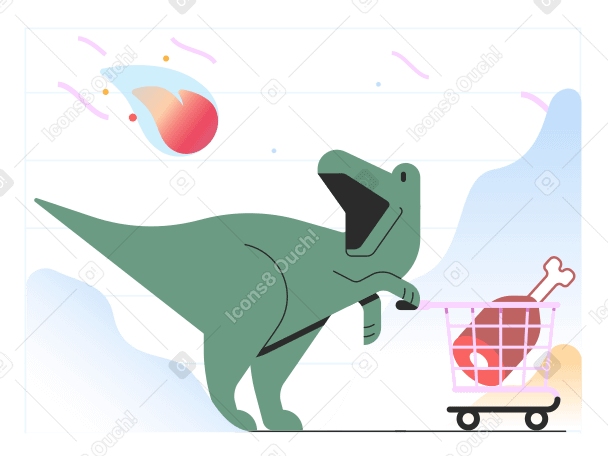 Dinossauro com carrinho de compras vendo um asteroide PNG, SVG