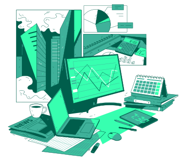 Business process with analytics on computer screen PNG, SVG