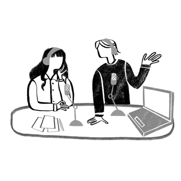 Black and white two hosts talking on a podcast PNG, SVG