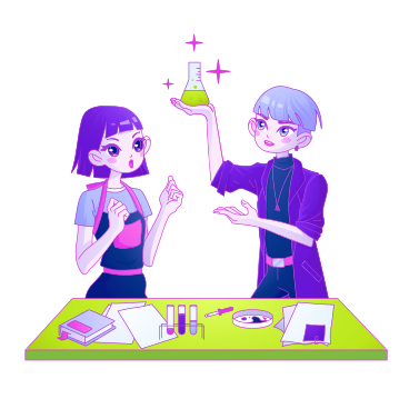 Boy and girl conduct an experiment and create a new substance PNG, SVG