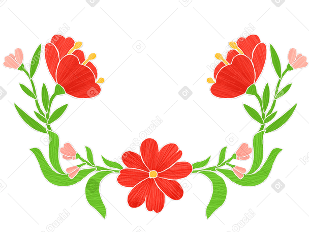 Fiori rossi e rosa in foglie verdi e disposti a semicerchio PNG, SVG