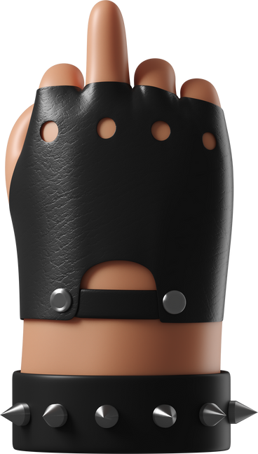 Rocker's tanned skin hand in leather glove showing a middle finger PNG, SVG