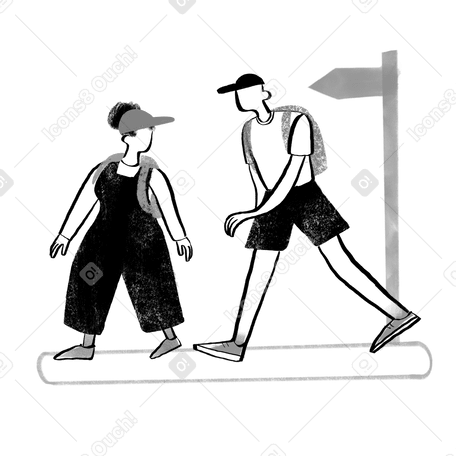 Black and white man and woman hiking Illustration in PNG, SVG