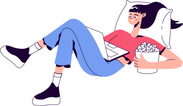 woman with laptop and popcorn lies on pillow PNG, SVG