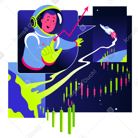 Astronaut above the financial chart clicks on the arrow pointing up PNG, SVG