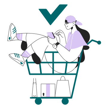 ショッピングカートに乗ってスマートフォンで注文する女性 のアニメーションイラスト、GIF、Lottie (JSON)、AE