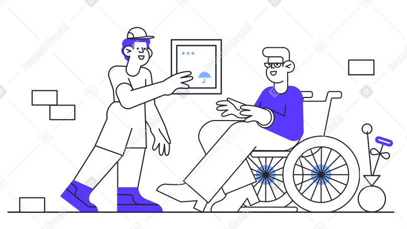Illustration Un coursier remet un colis à un homme en fauteuil roulant aux formats PNG, SVG