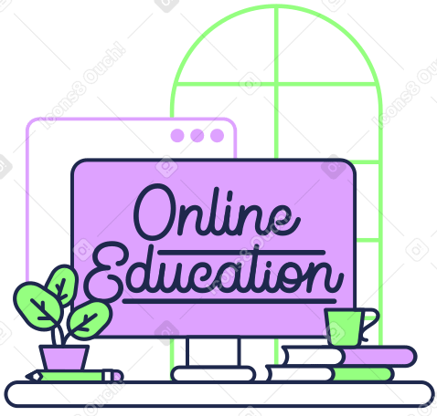 Надпись «онлайн-образование» на экране с книгами и растительным текстом в PNG, SVG
