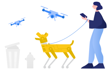 Woman walking robot dog in futuristic city PNG, SVG