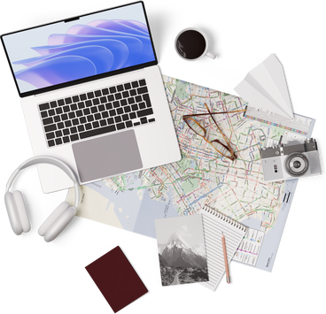 Top view of map, laptop, headphones, passport and camera PNG, SVG