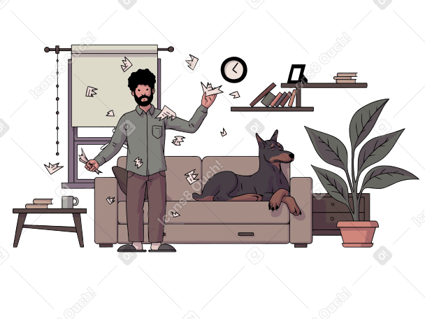 A man standing next to a dog on a couch PNG, SVG