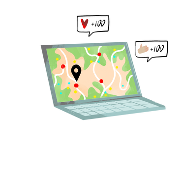 Ноутбук с картой, значком местоположения и лайками в PNG, SVG