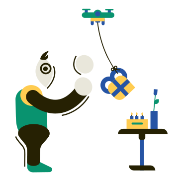 Man receiving a birthday present delivered by drone PNG, SVG