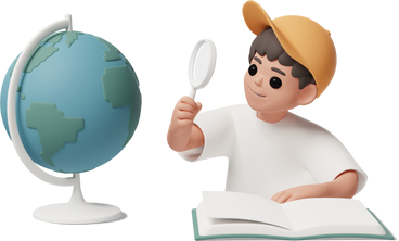 boy looking at the globe through magnifying glass PNG, SVG