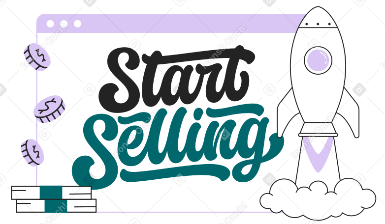 Lettering Start Selling in screen with money and rocket PNG, SVG