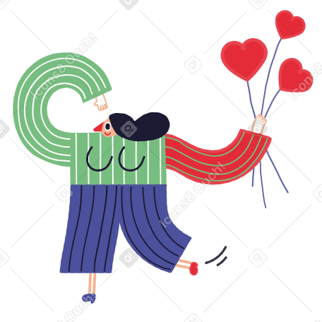 Woman running with heart-shaped balloons PNG、SVG