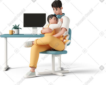 父亲坐在电脑前的椅子上拥抱他的孩子 PNG, SVG