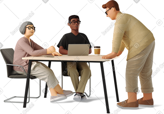 3D three people discussing a work project PNG, SVG